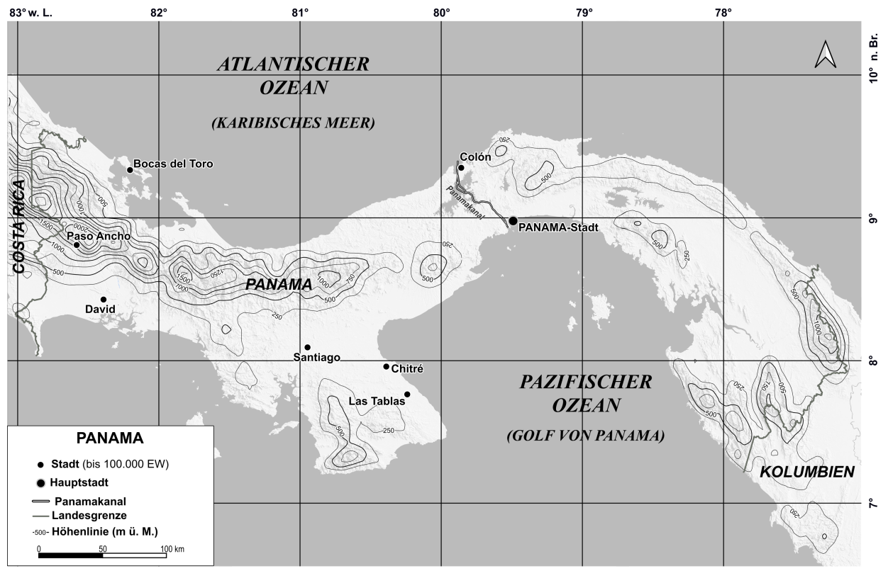 Schwarz-weiße Karte von Panama mit Städten, Panamakanal, Küstenlinien und Höhenlinien